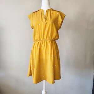 Sweet Rain Mustard Yellow Cap-Sleeve Mini Dress Paper Airplane Print Medium